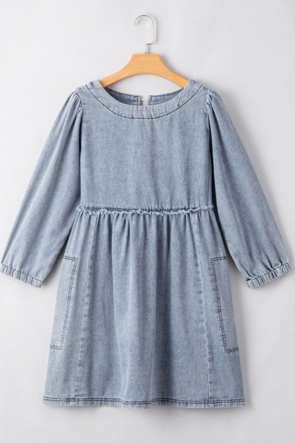 Cutout Round Neck Balloon Sleeve Denim Dress-TOPS / DRESSES-[Adult]-[Female]-2022 Online Blue Zone Planet