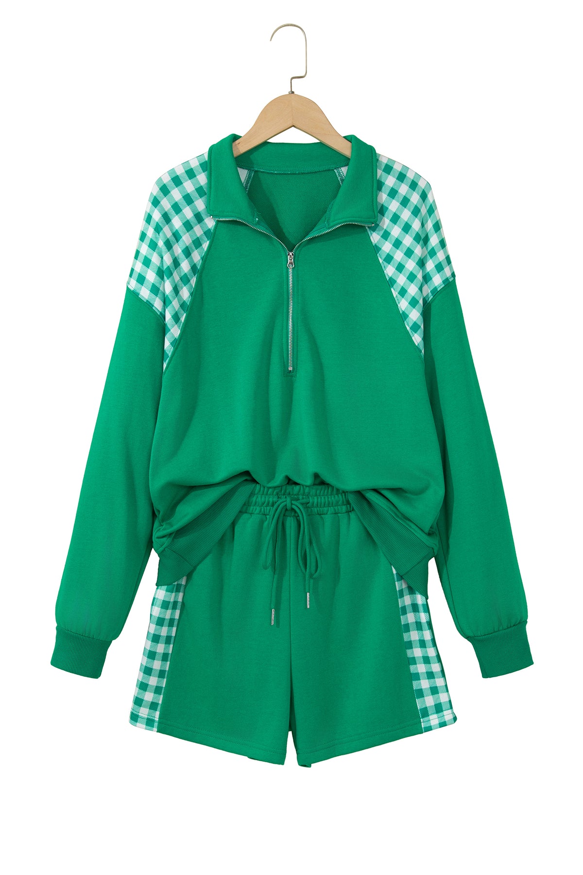 Bright Green Plaid Patchwork Half Zip Pullover Drawstring Short Set