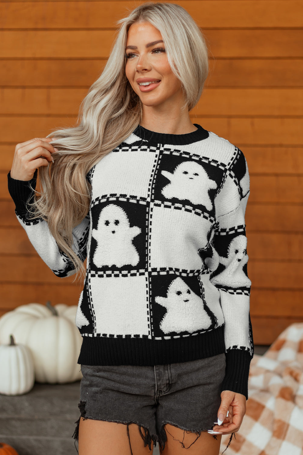 Black Halloween Ghost Checkered Drop Shoulder Sweater-TOPS / DRESSES-[Adult]-[Female]-2022 Online Blue Zone Planet