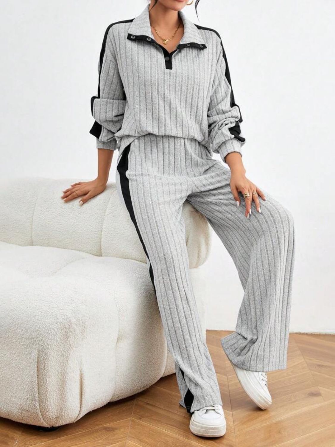 Contrast Collared Neck Long Sleeve Top and Pants Set-BOTTOMS SIZES SMALL MEDIUM LARGE-[Adult]-[Female]-2022 Online Blue Zone Planet