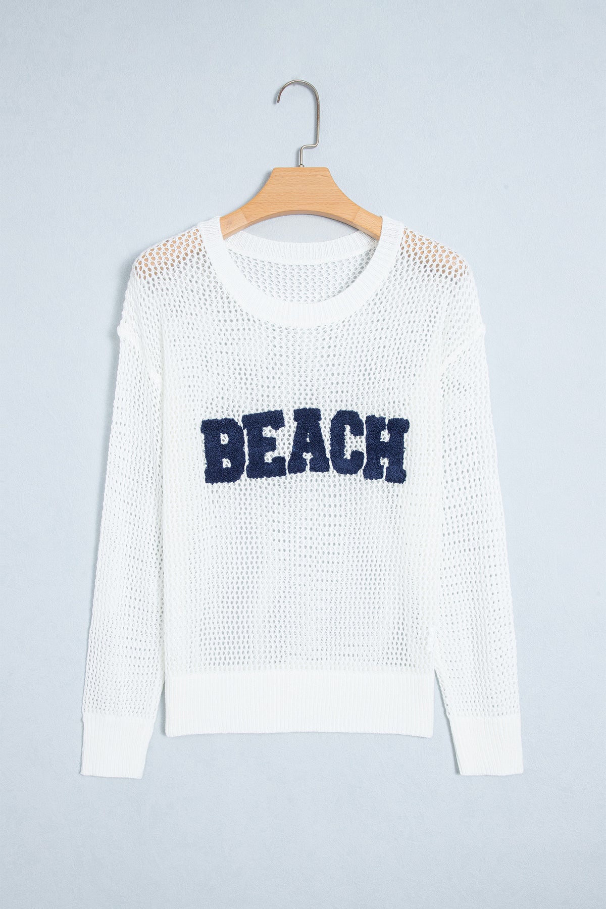 White Chenille BEACH Lettering Hollow Out Knit Casual Sweater-Sweaters & Cardigans/Sweaters-[Adult]-[Female]-2022 Online Blue Zone Planet