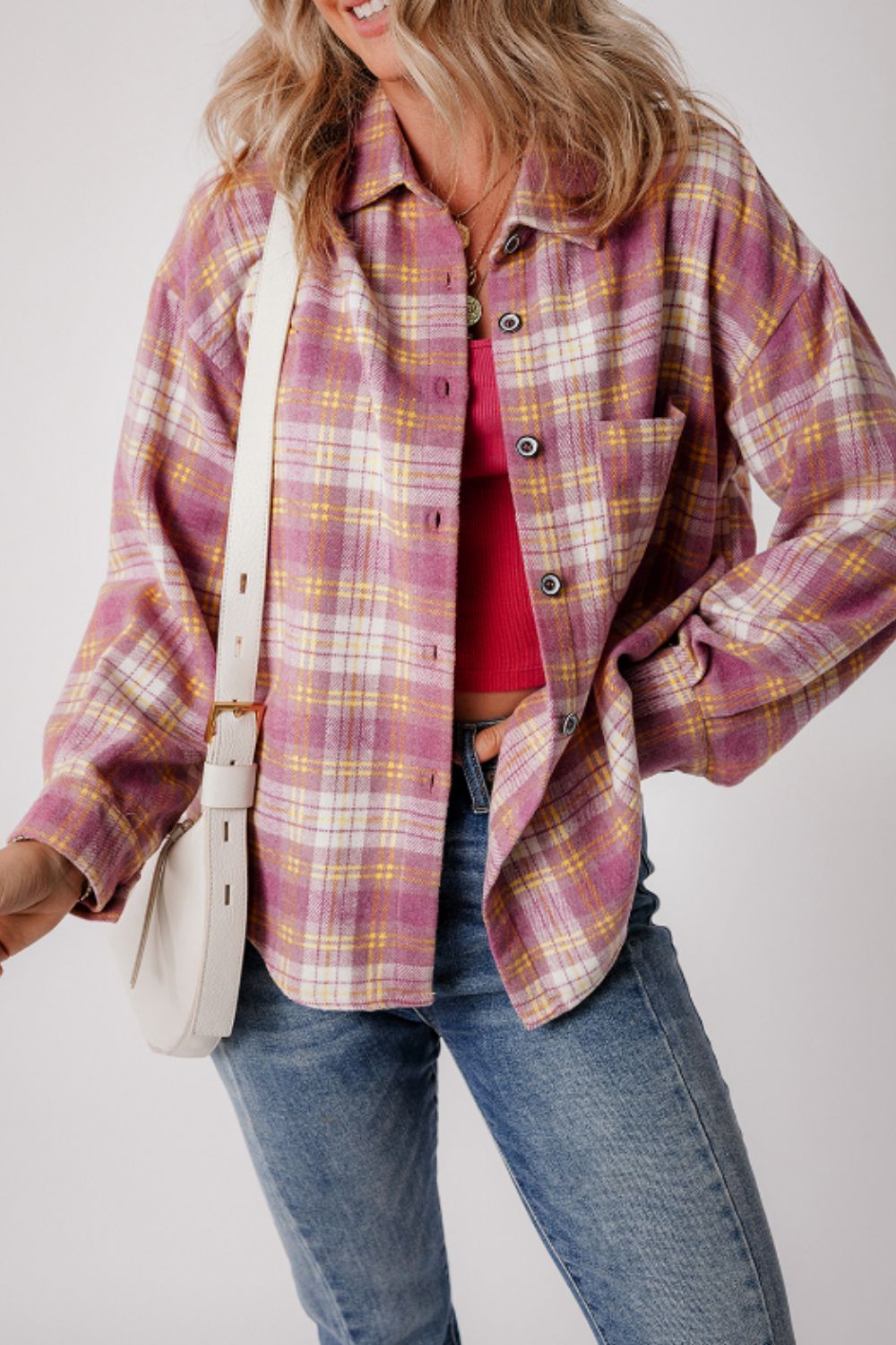 Plaid Collared Neck Button Up Shacket-TOPS / DRESSES-[Adult]-[Female]-Pink-S-2022 Online Blue Zone Planet