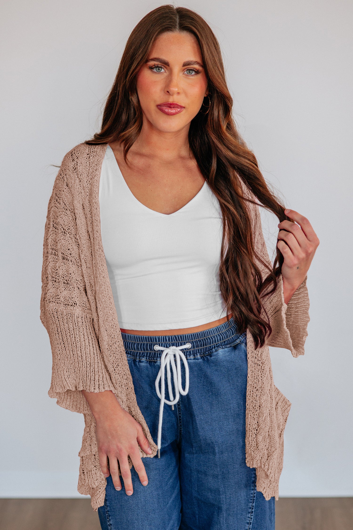 Old Rose Hollowed Pattern Knit Drop Shoulder Open Sweater Cardigan-Sweaters & Cardigans/Cardigans-[Adult]-[Female]-2022 Online Blue Zone Planet