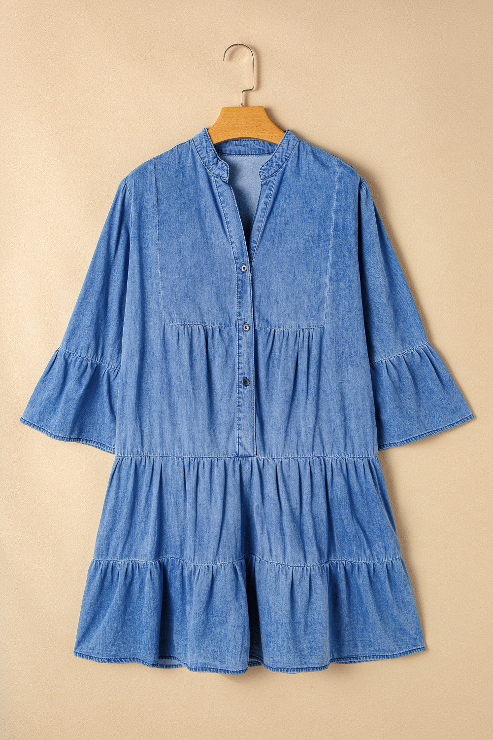 Blue Zone Planet | Sky Blue Chambray Ruffled 3/4 Sleeve Tiered Split V Neck Mini Dress-TOPS / DRESSES-[Adult]-[Female]-2022 Online Blue Zone Planet