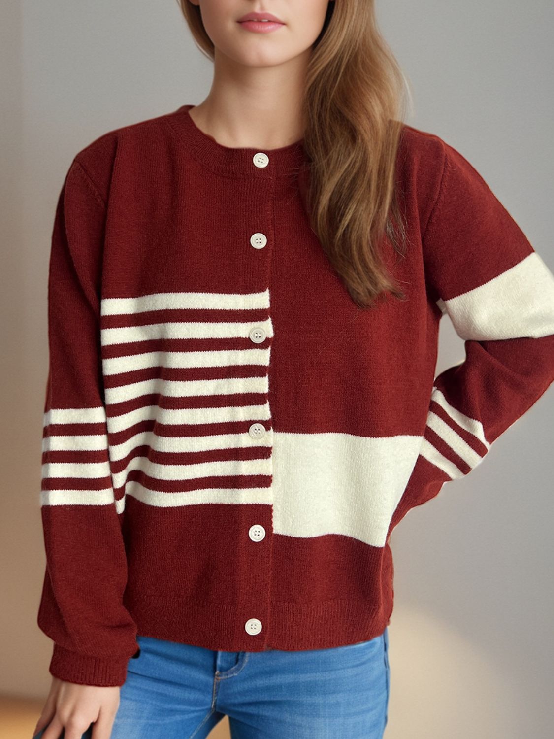 Blue Zone Planet | Striped Color Block Round Neck Cardigan-TOPS / DRESSES-[Adult]-[Female]-2022 Online Blue Zone Planet