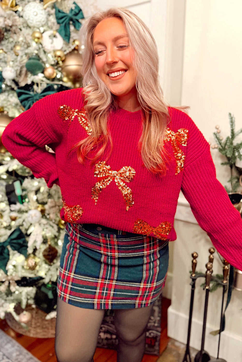 Fiery Red Sequin Bow Accent Drop Shoulder Festive Sweater-TOPS / DRESSES-[Adult]-[Female]-2022 Online Blue Zone Planet