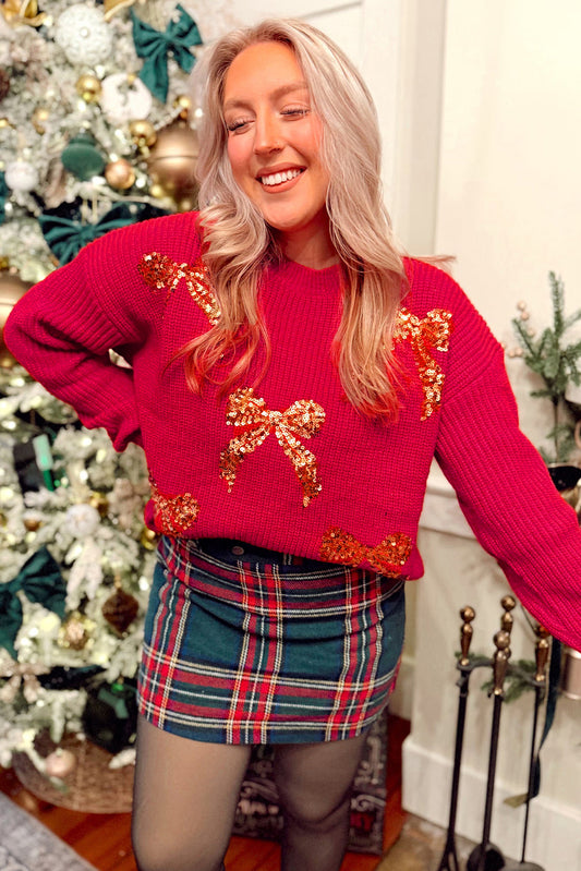 Fiery Red Sequin Bow Accent Drop Shoulder Festive Sweater-TOPS / DRESSES-[Adult]-[Female]-2022 Online Blue Zone Planet
