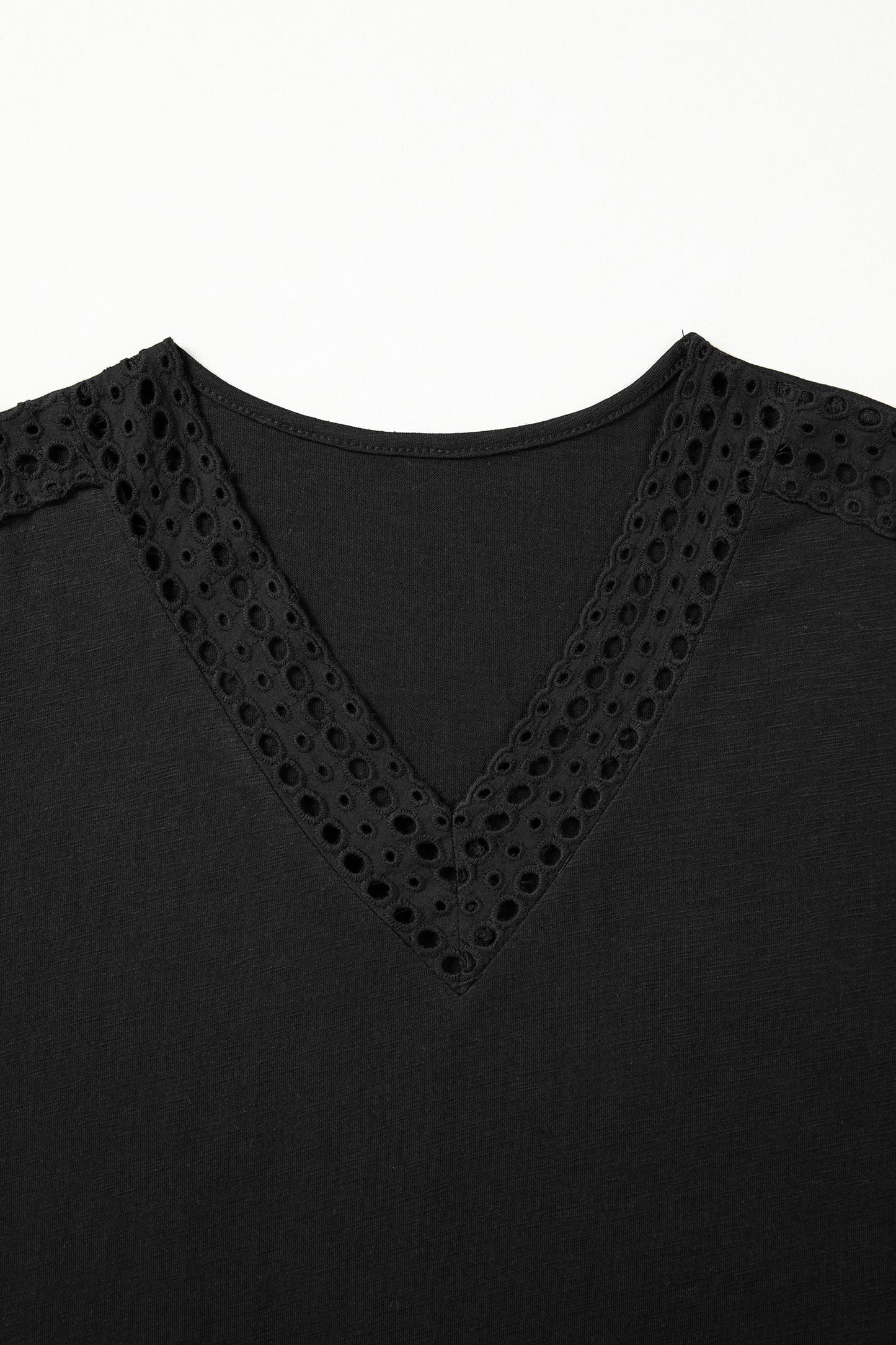 Black Cutout Embroidered Trim V Neck Cap Sleeve Tee-Tops/Tops & Tees-[Adult]-[Female]-2022 Online Blue Zone Planet