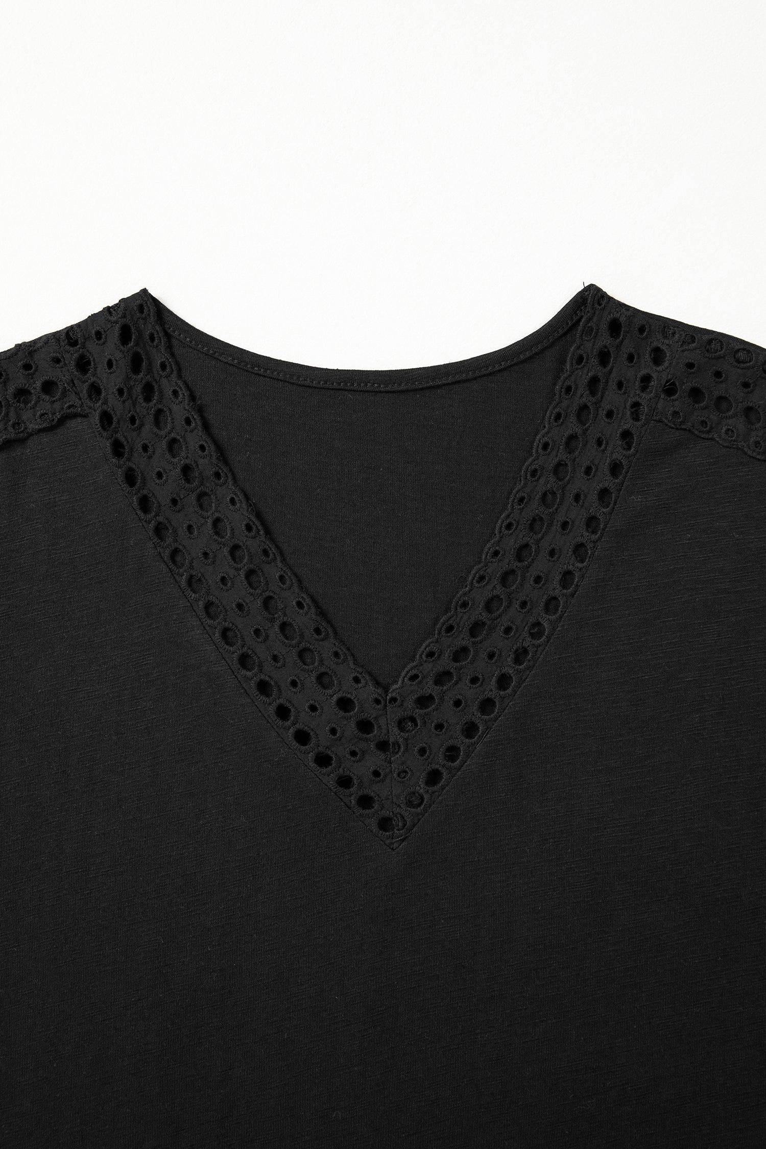 Black Cutout Embroidered Trim V Neck Cap Sleeve Tee-Tops/Tops & Tees-[Adult]-[Female]-2022 Online Blue Zone Planet