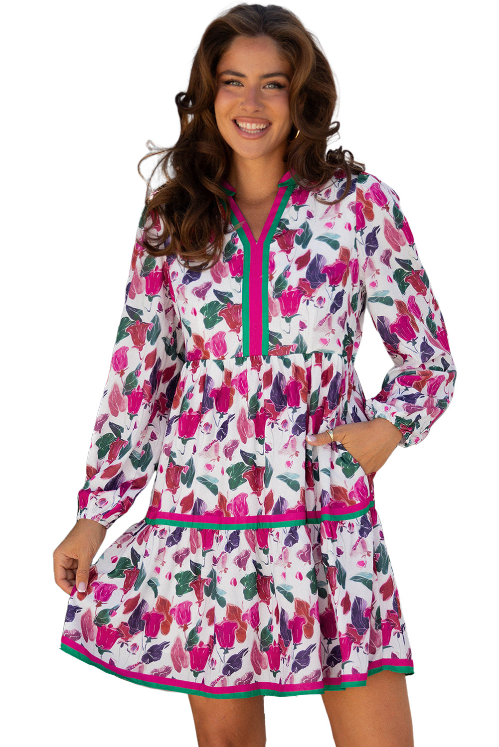Purple Floral Print Contrast Striped Detail Long Sleeve Mini Dress-TOPS / DRESSES-[Adult]-[Female]-2022 Online Blue Zone Planet