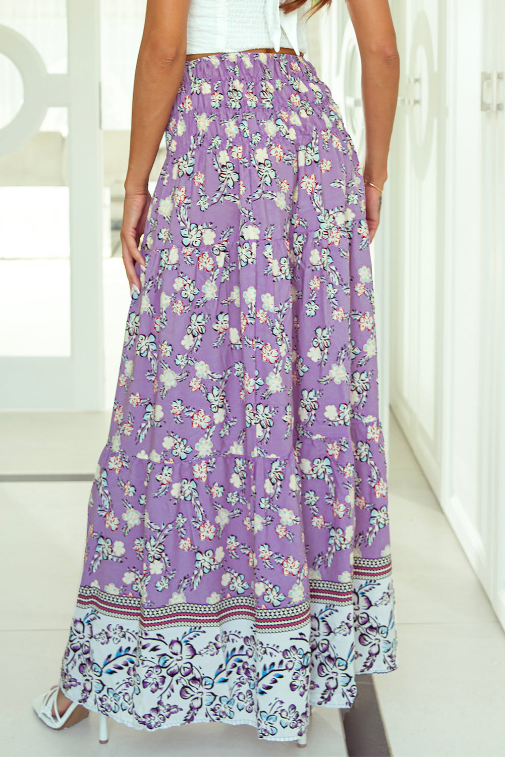 Blue Zone Planet | Purple Floral Print Shirred High Waist Maxi Skirt-Bottoms/Skirts & Petticoat-[Adult]-[Female]-2022 Online Blue Zone Planet