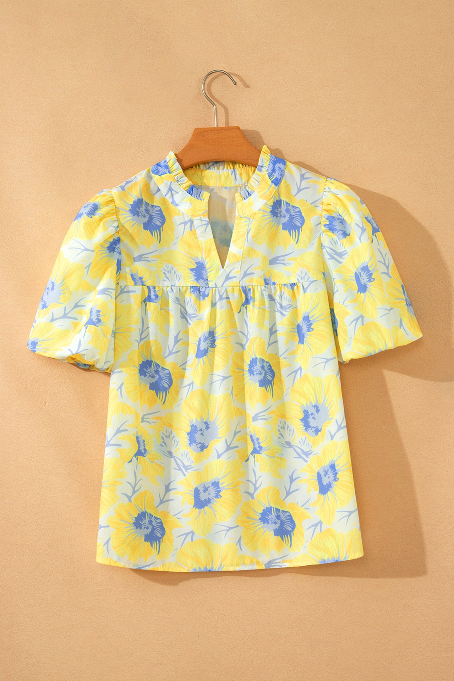 Yellow Short Bubble Sleeve Summer Floral Blouse-Tops/Blouses & Shirts-[Adult]-[Female]-2022 Online Blue Zone Planet