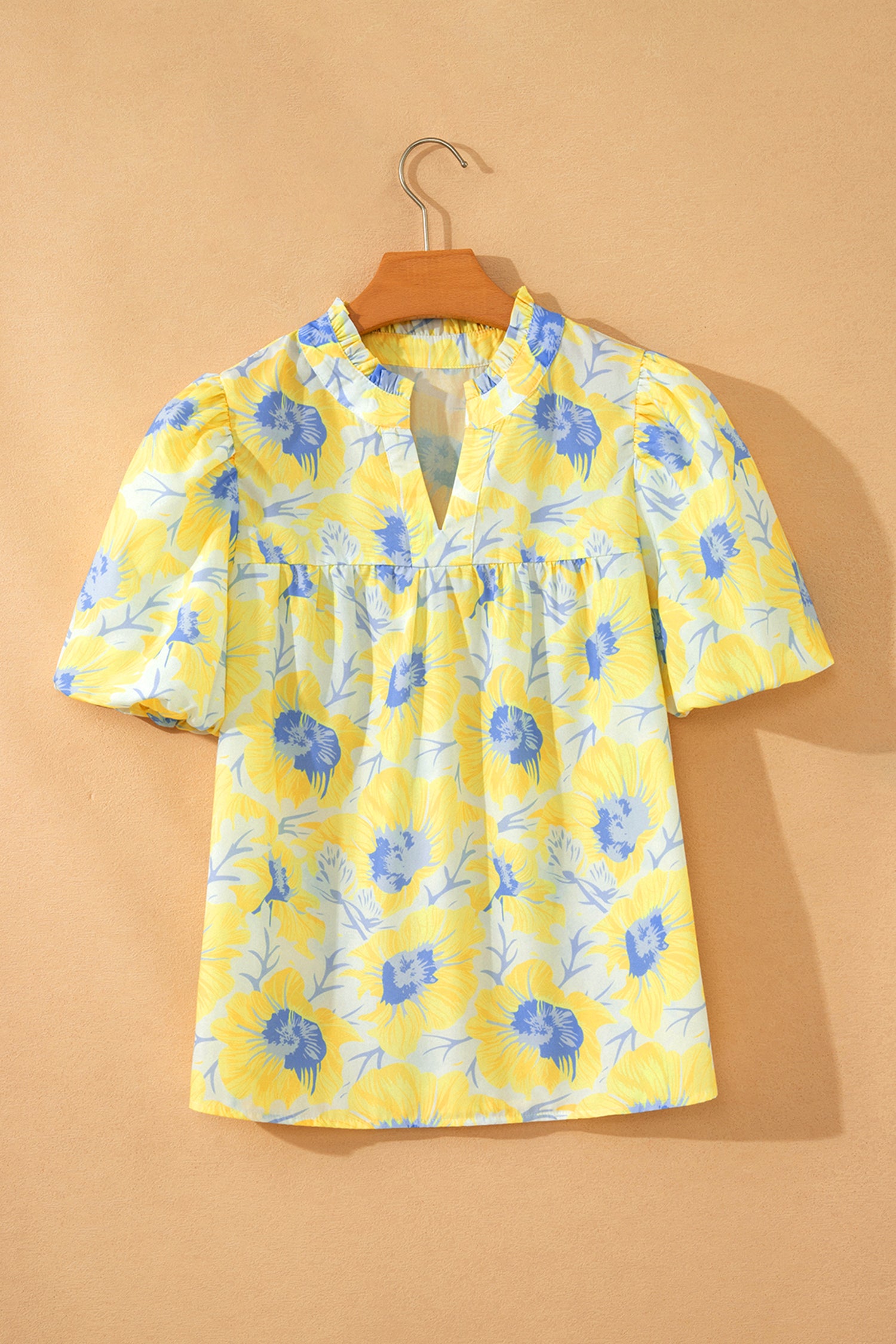Yellow Short Bubble Sleeve Summer Floral Blouse-Tops/Blouses & Shirts-[Adult]-[Female]-2022 Online Blue Zone Planet