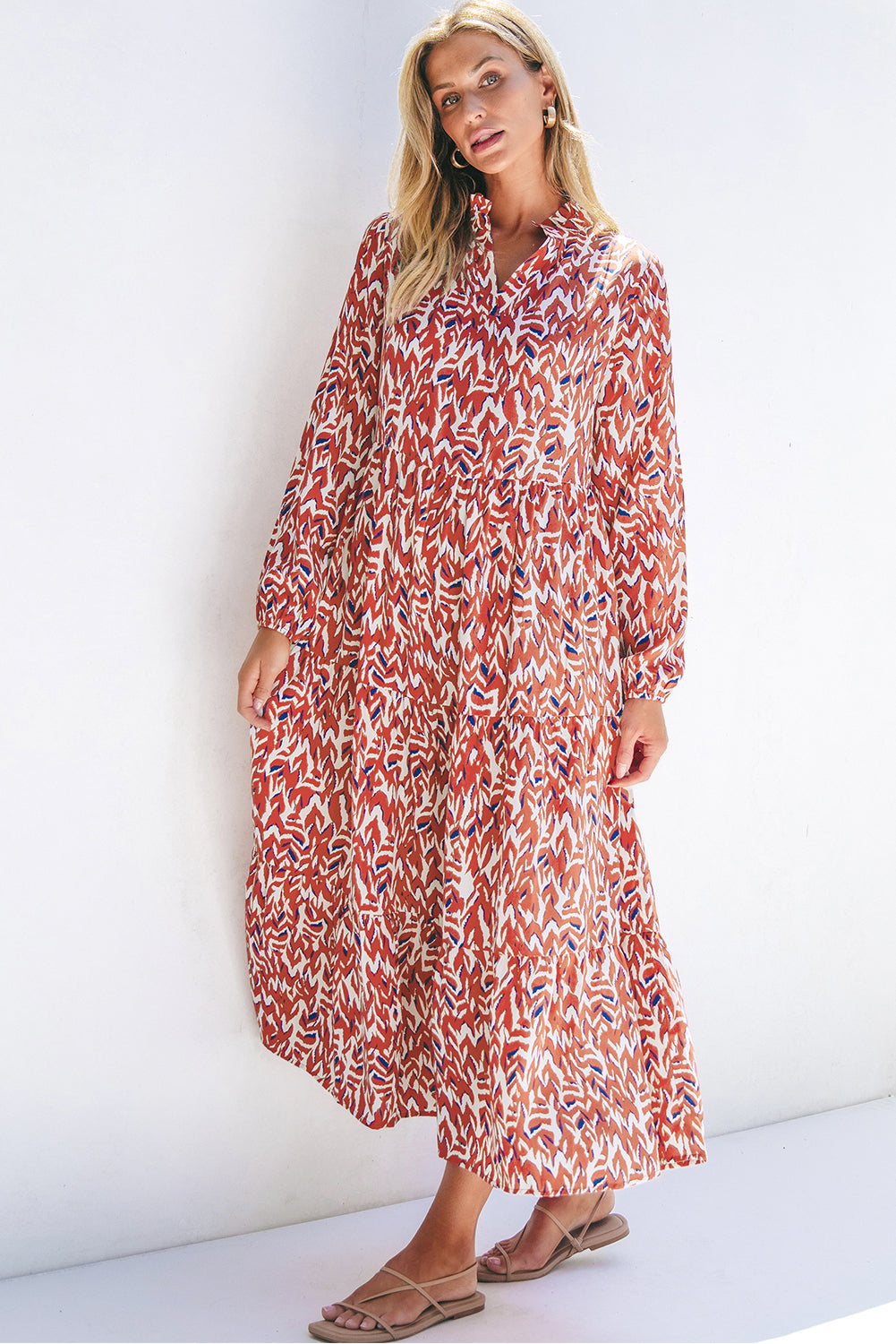 printed high waist midi dress Heart Print Round Neck High Waist Midi Dress