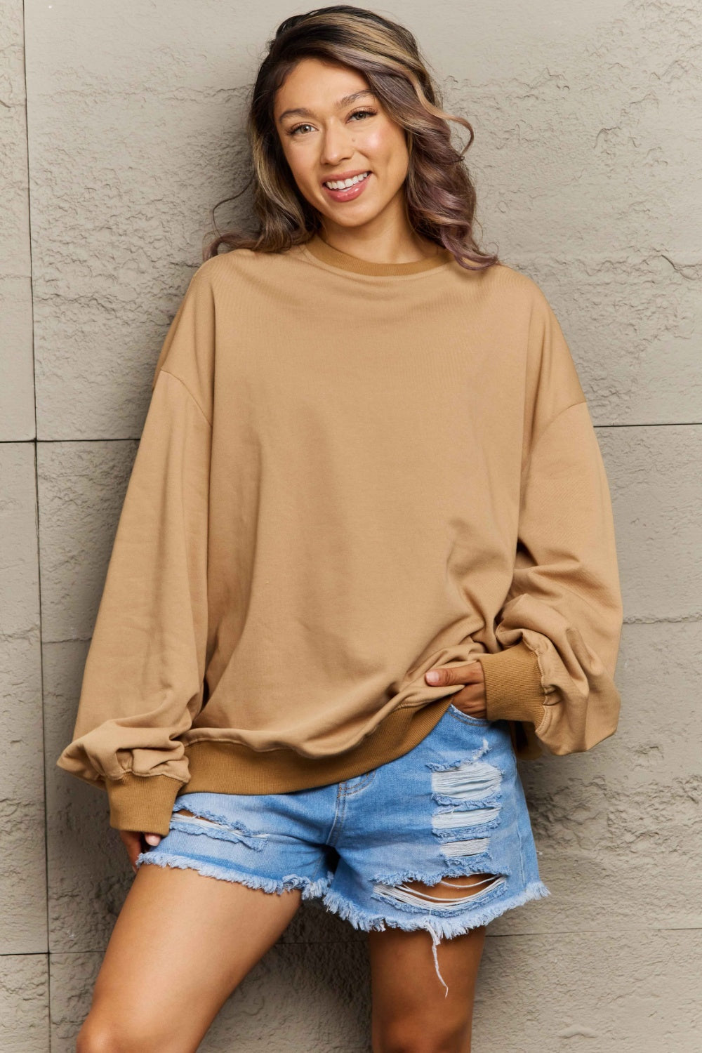 Full Size Round Neck Long Sleeve Sweatshirt-TOPS / DRESSES-[Adult]-[Female]-Camel-S-2022 Online Blue Zone Planet