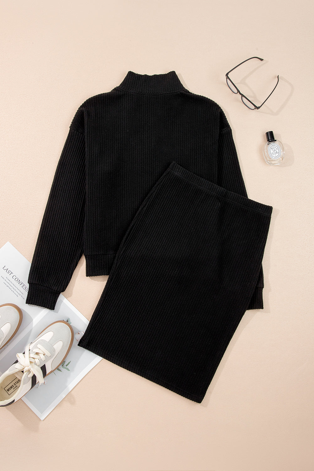 Black Ribbed Zip Stand Neck Drop Shoulder Pullover Bodycon Skirt 2pcs Set-Two Piece Sets/Two Piece Dresses-[Adult]-[Female]-2022 Online Blue Zone Planet