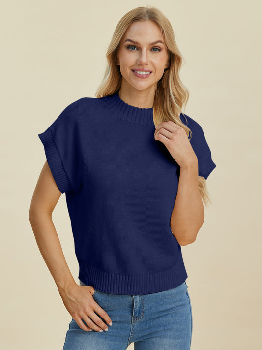 Double Take Full Size Mock Neck Short Sleeve Sweater-TOPS / DRESSES-[Adult]-[Female]-Navy-S-2022 Online Blue Zone Planet