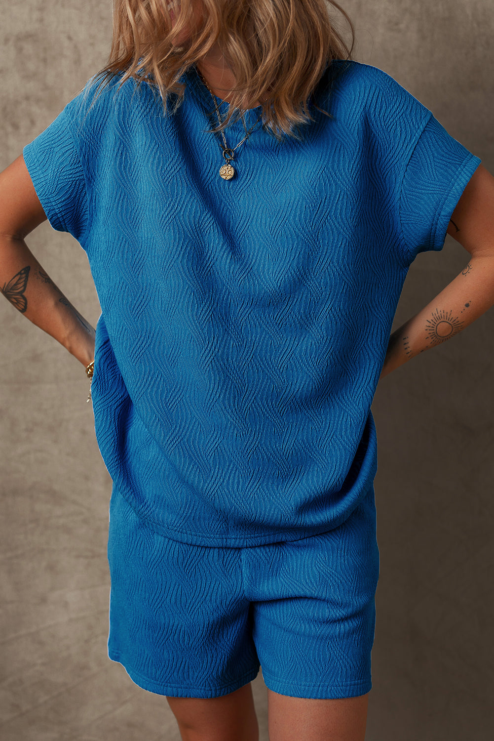 Bluing Solid Textured Crew Neck Short Set-Two Piece Sets/Short Sets-[Adult]-[Female]-Bluing-S-2022 Online Blue Zone Planet