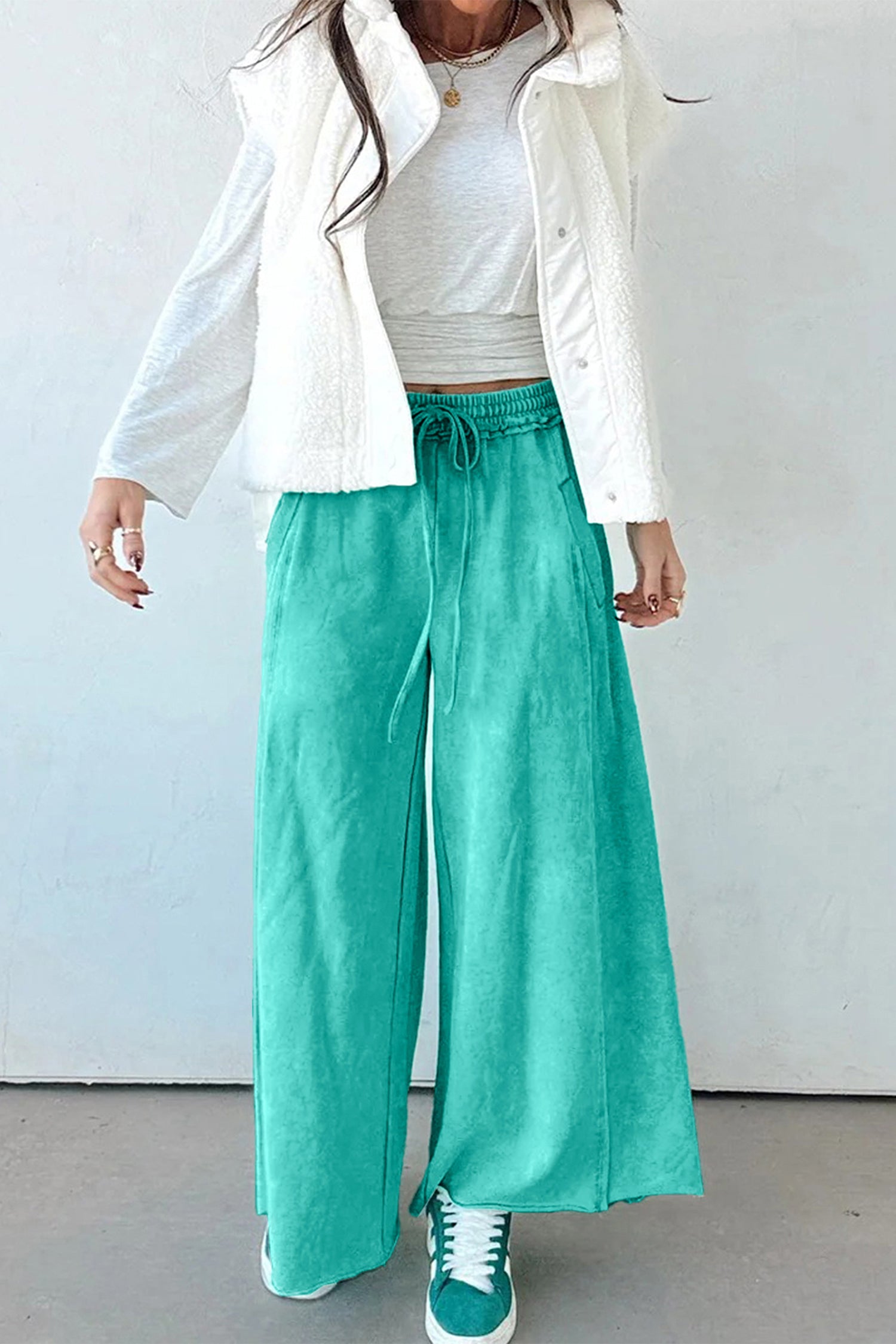Sea Green Mineral Wash Drawstring Elastic Waist Raw Hem Loose Pants-Bottoms/Pants & Culotte-[Adult]-[Female]-2022 Online Blue Zone Planet