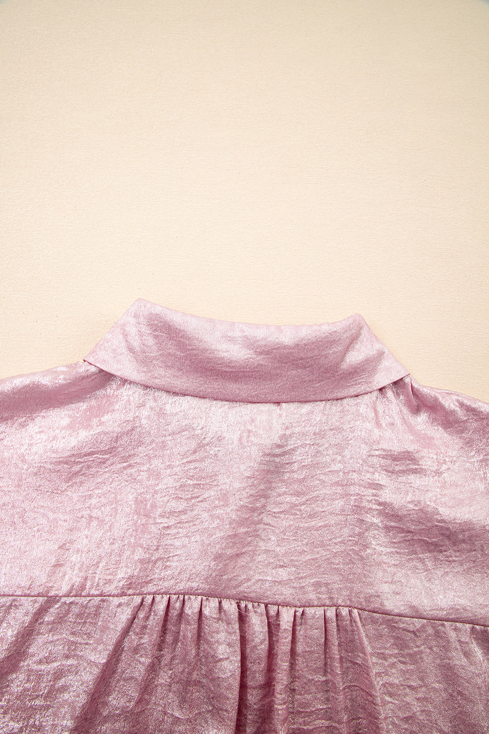 Pink Metallic Sheen Short Sleeve Buttoned Front Casual Shirt-Tops/Blouses & Shirts-[Adult]-[Female]-2022 Online Blue Zone Planet