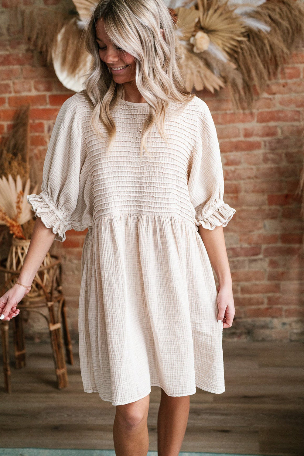 White Textured Ruffled Puff Sleeve Loose Dress-TOPS / DRESSES-[Adult]-[Female]-2022 Online Blue Zone Planet