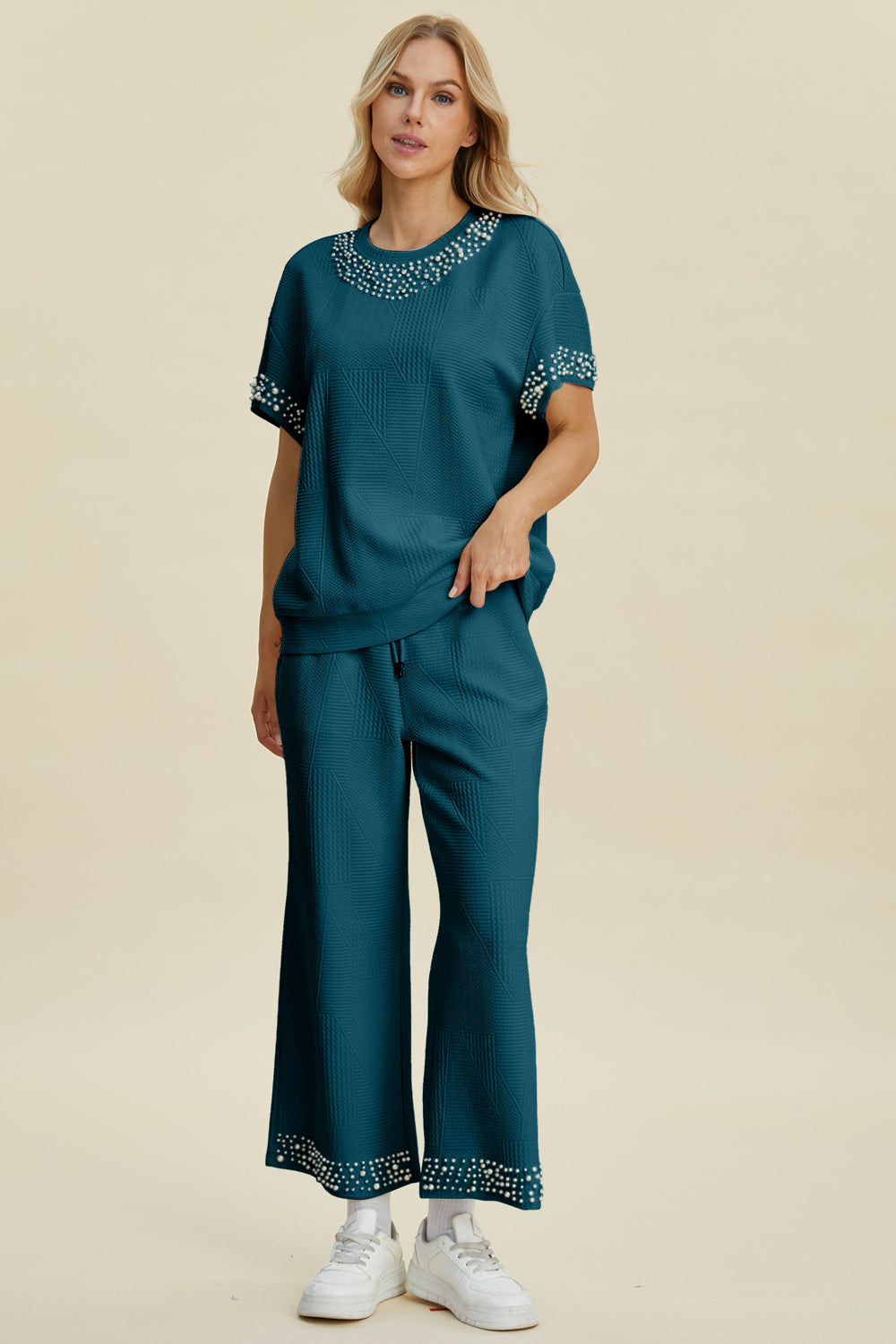 Blue Zone Planet | Double Take Full Size Pearl Detail Round Neck Top and Pants Set-TOPS / DRESSES-[Adult]-[Female]-Deep Teal-S-2022 Online Blue Zone Planet