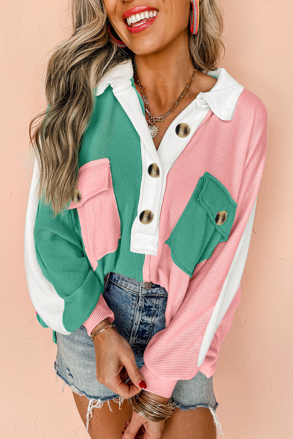 Pink Colorblock Ribbed Collared Oversized Sweatshirt-Tops/Sweatshirts & Hoodies-[Adult]-[Female]-Pink-S-2022 Online Blue Zone Planet