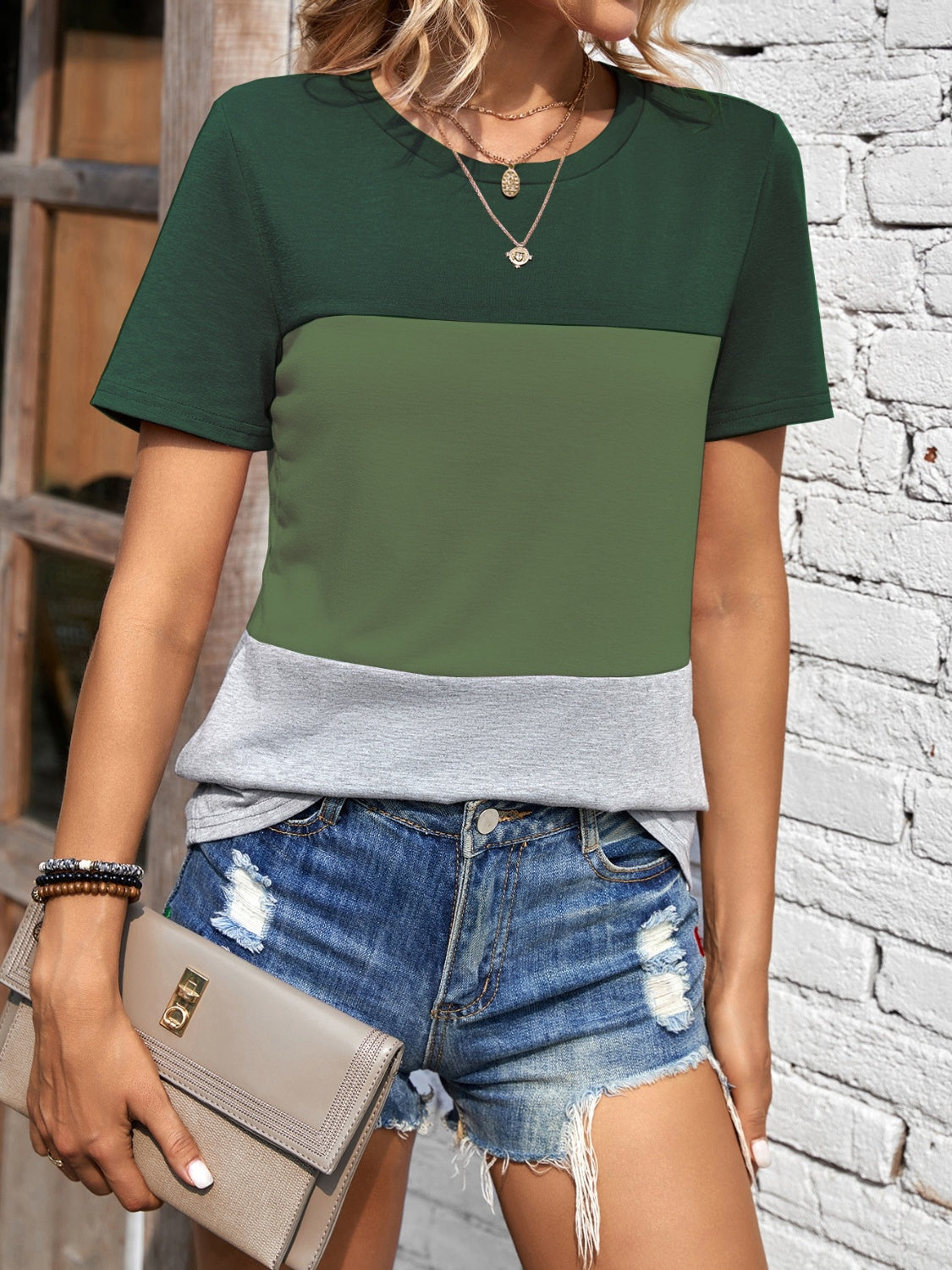 Color Block Round Neck Short Sleeve T-Shirt-TOPS / DRESSES-[Adult]-[Female]-Moss-S-2022 Online Blue Zone Planet