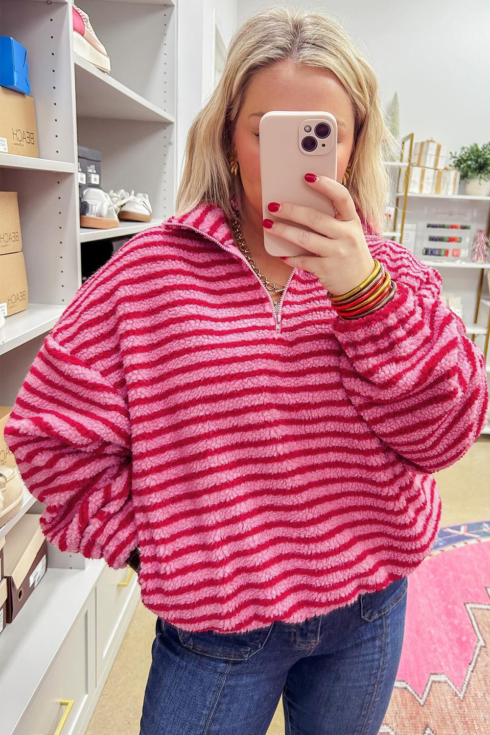 Pink Stripe Quarter Zip Fleece Oversize Sweatshirt-Tops/Sweatshirts & Hoodies-[Adult]-[Female]-2022 Online Blue Zone Planet