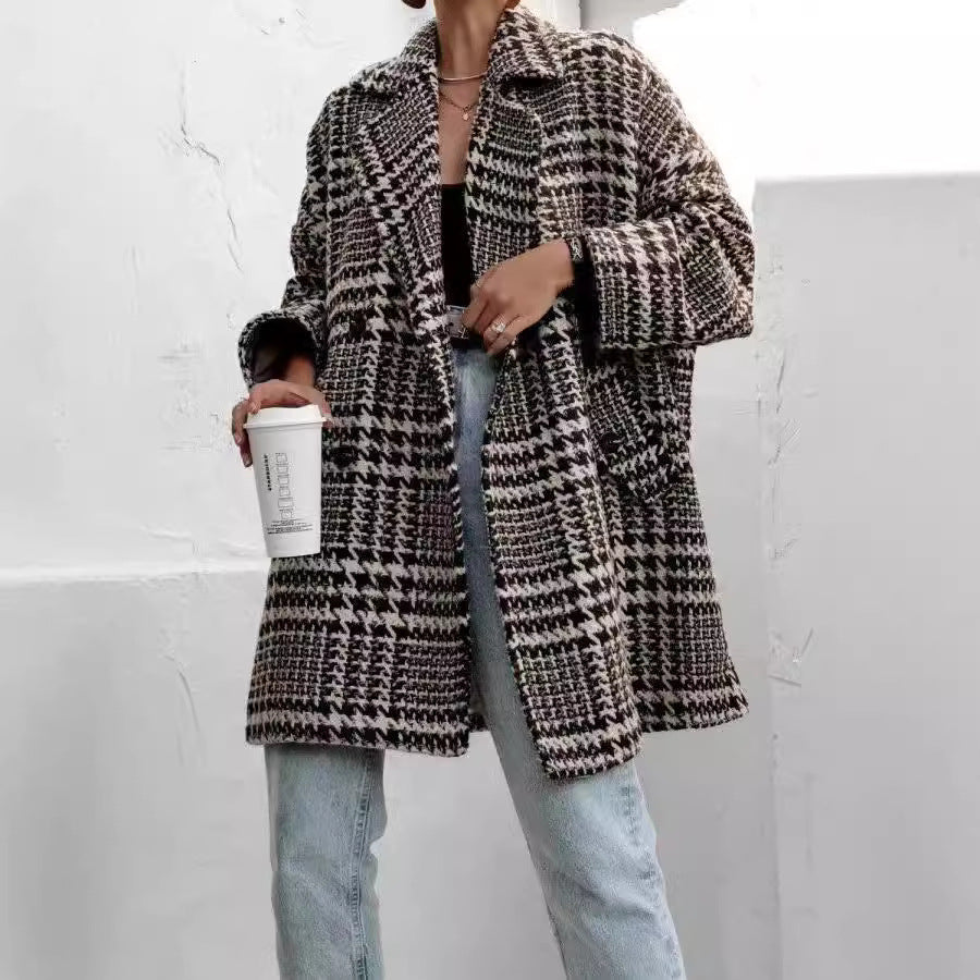 Blue Zone Planet | Houndstooth Collared Neck Long Sleeve Coat-TOPS / DRESSES-[Adult]-[Female]-2022 Online Blue Zone Planet