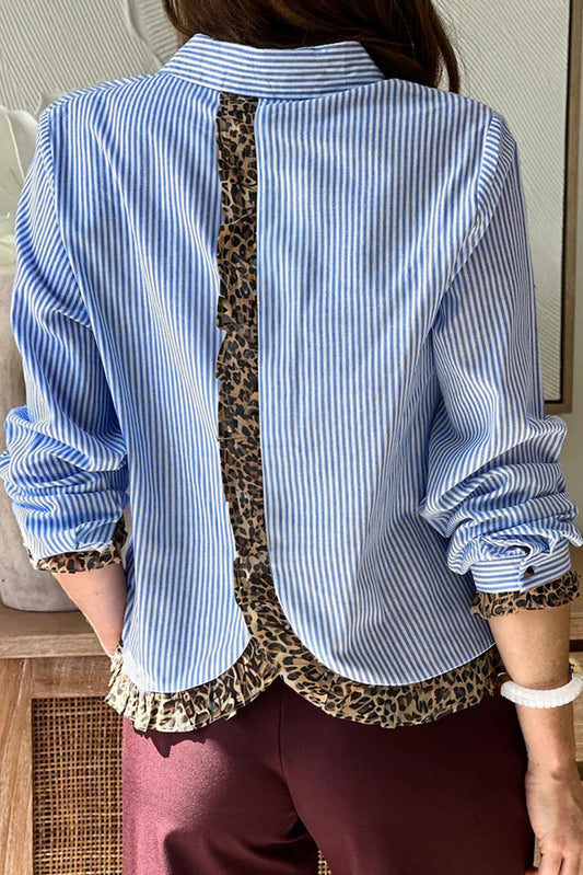 Sky Blue Stripe Contrast Frilled Leopard Trim Casual Long Sleeve Shirt-Tops/Blouses & Shirts-[Adult]-[Female]-Sky Blue Stripe-S-2022 Online Blue Zone Planet