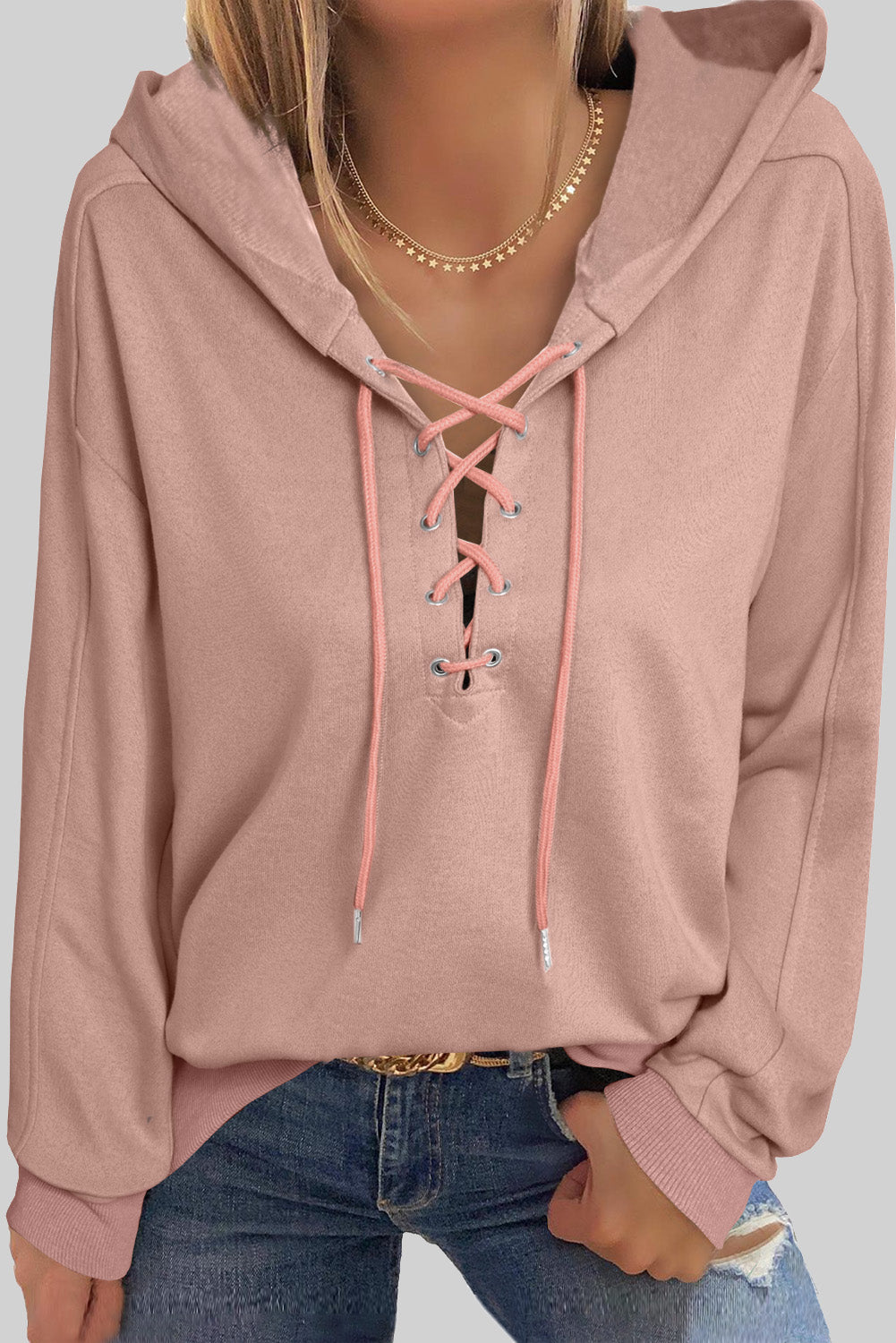 Lace Up Long Sleeve Hoodie-TOPS / DRESSES-[Adult]-[Female]-Dusty Pink-S-2022 Online Blue Zone Planet