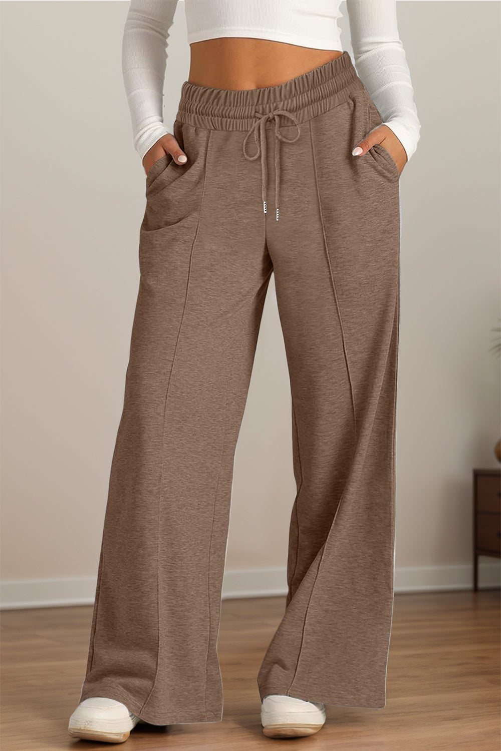 Drawstring Elastic Waist Wide Leg Pants-BOTTOMS SIZES SMALL MEDIUM LARGE-[Adult]-[Female]-Taupe-S-2022 Online Blue Zone Planet