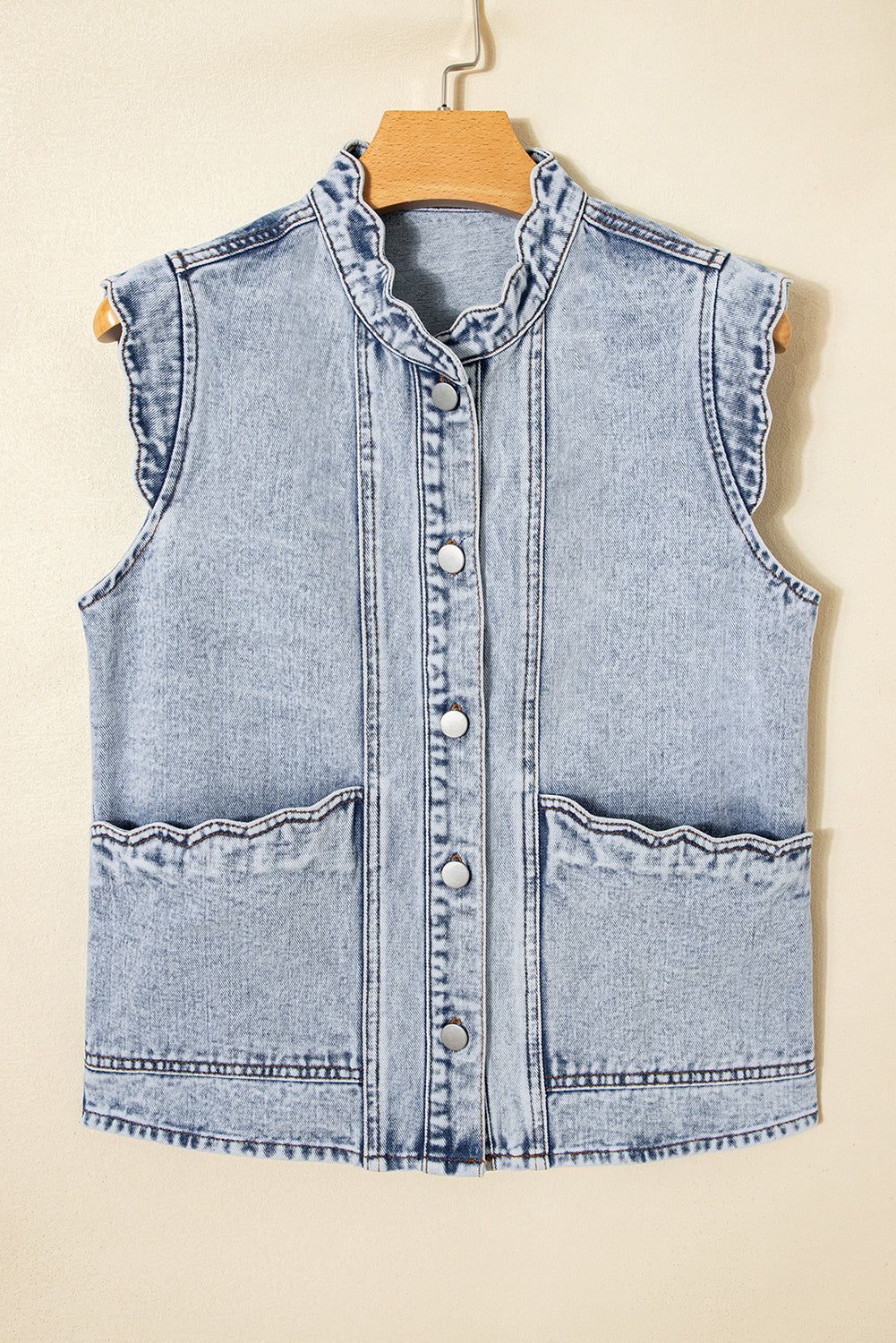 Beau Blue Scalloped Trim Patch Pocket Button Front Denim Vest-Outerwear/Vests-[Adult]-[Female]-2022 Online Blue Zone Planet