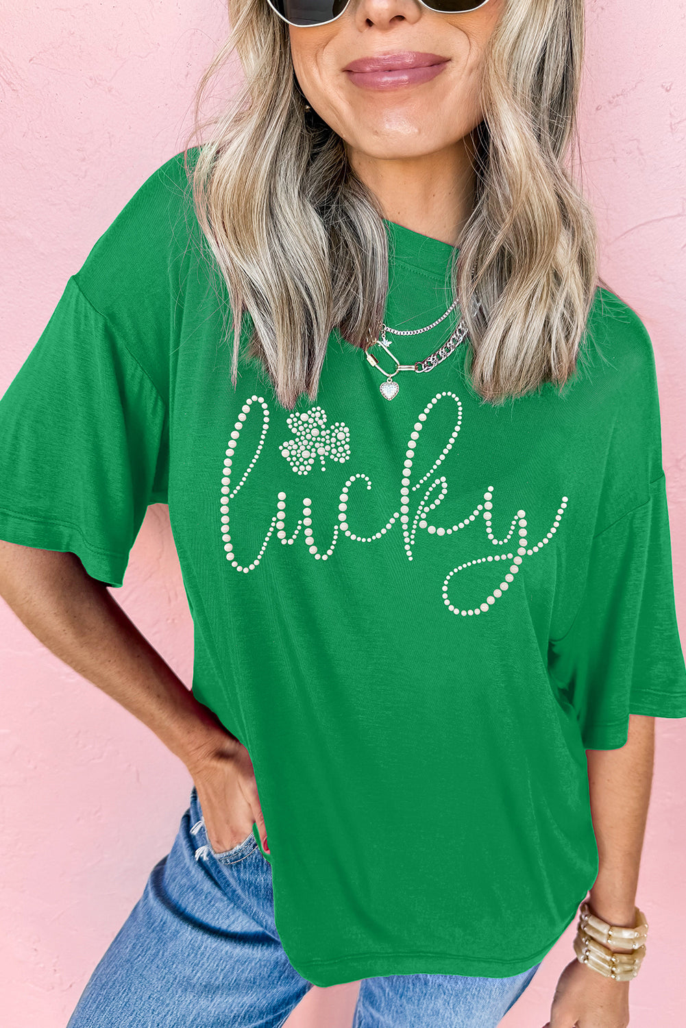 Bright Green Ceramic Rhinestone Lucky Clover Graphic Tee-Graphic/Graphic Tees-[Adult]-[Female]-2022 Online Blue Zone Planet