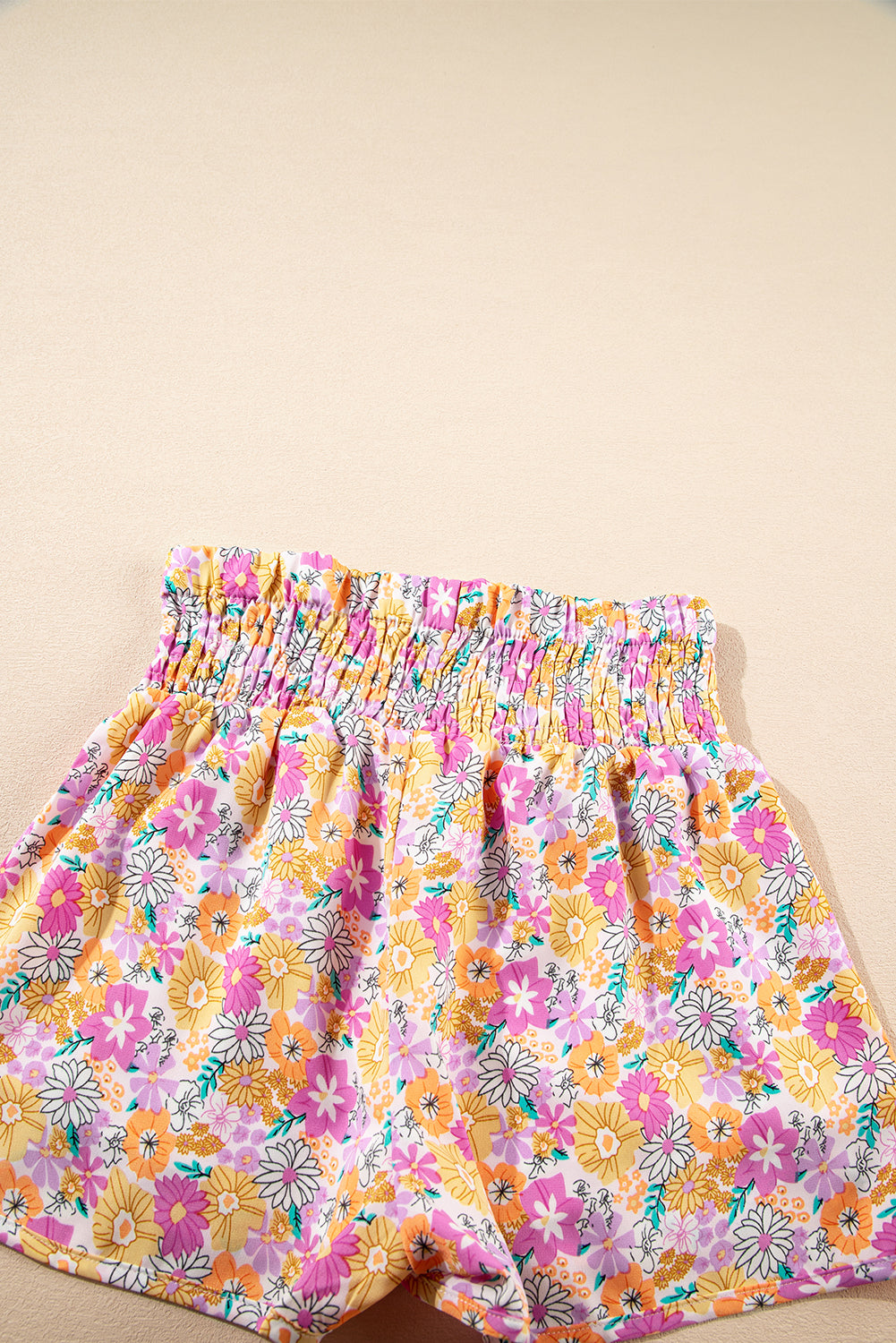 Orange Boho Floral Shirred High Waist Casual Shorts-Bottoms/Casual Shorts-[Adult]-[Female]-2022 Online Blue Zone Planet
