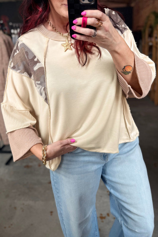 Beige Camouflage Colorblock Twist Rib Patchwork 3/4 Sleeve Top-Tops/Long Sleeve Tops-[Adult]-[Female]-Beige-S-2022 Online Blue Zone Planet