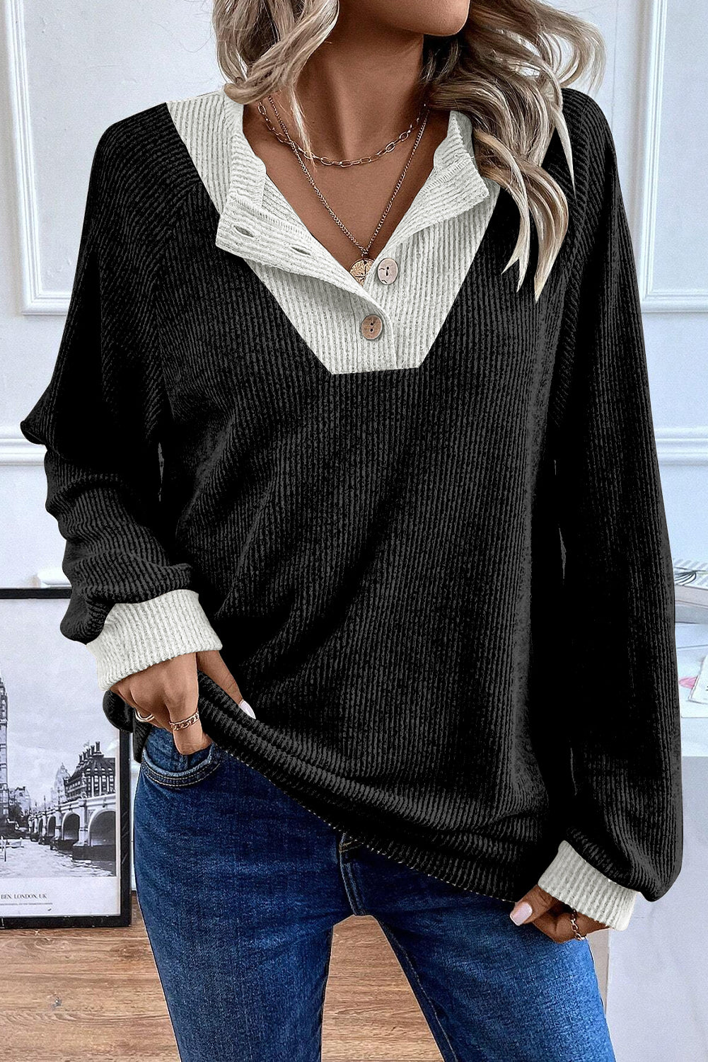 Black Color Contrast Ribbed Loose Fit Long Sleeve Top-Tops/Long Sleeve Tops-[Adult]-[Female]-2022 Online Blue Zone Planet