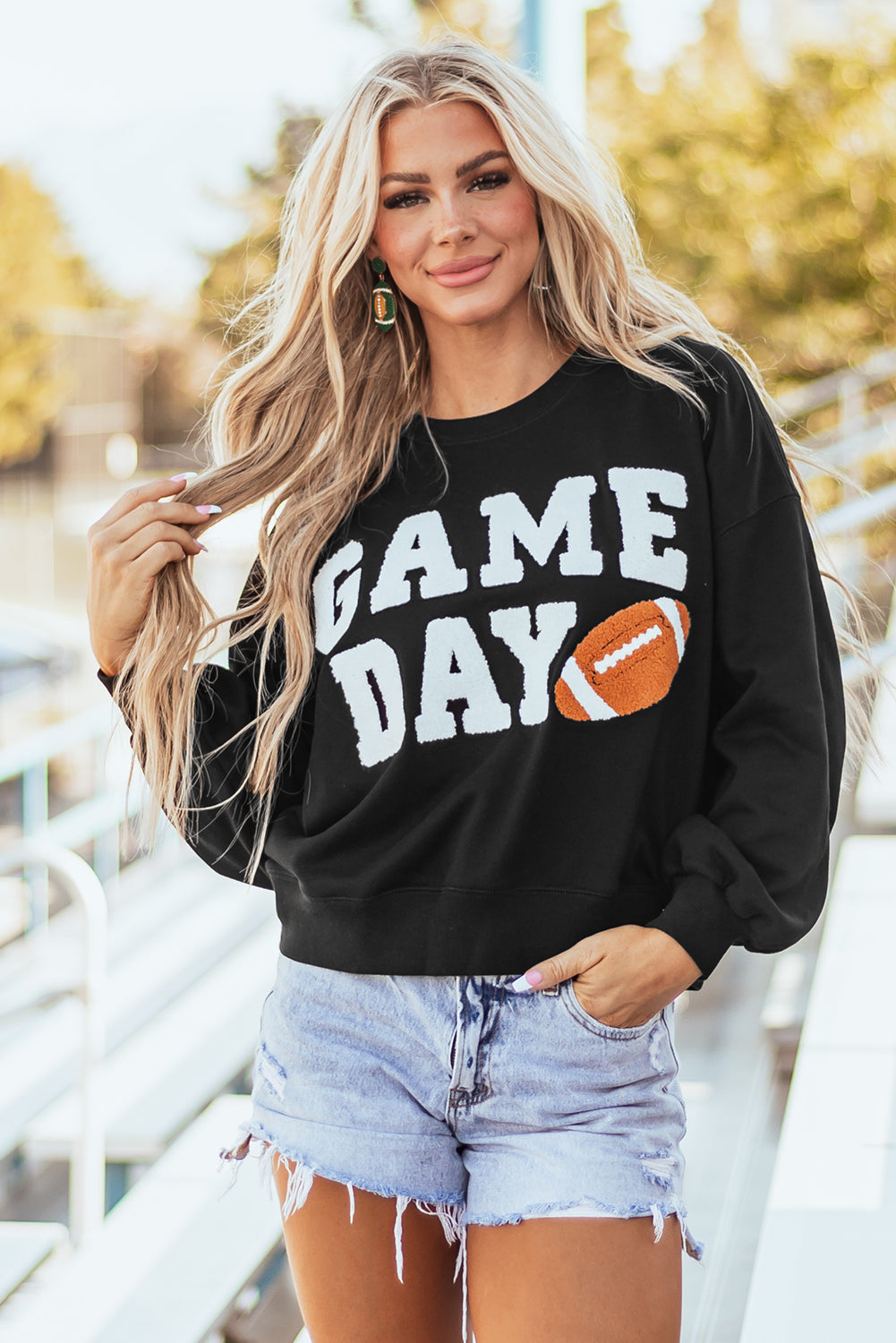 White GAME DAY Graphic Varsity Pullover Sweatshirt-Tops/Sweatshirts & Hoodies-[Adult]-[Female]-Black-S-2022 Online Blue Zone Planet