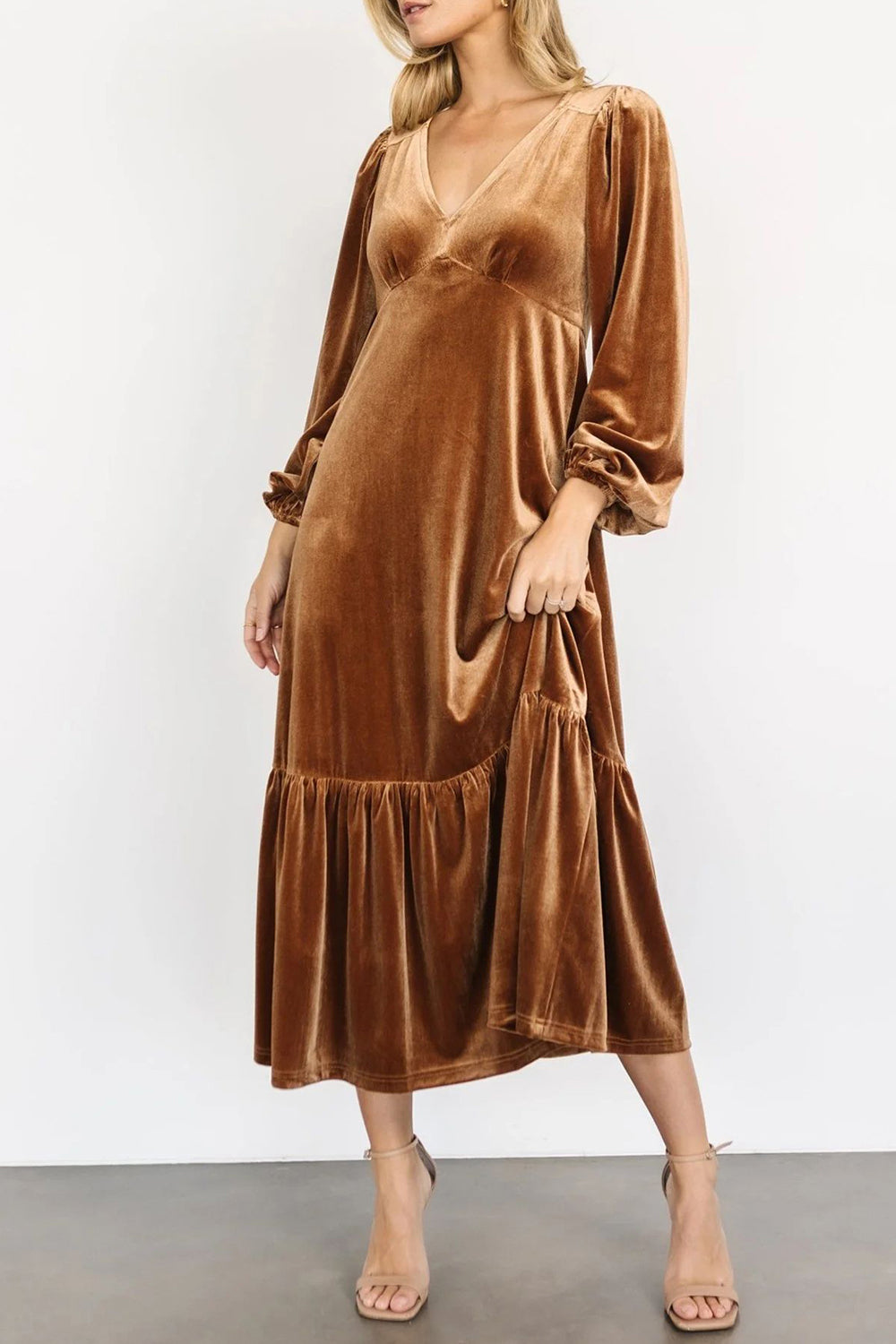 V-Neck Long Sleeve Midi Velvet Dress-TOPS / DRESSES-[Adult]-[Female]-Camel-S-2022 Online Blue Zone Planet