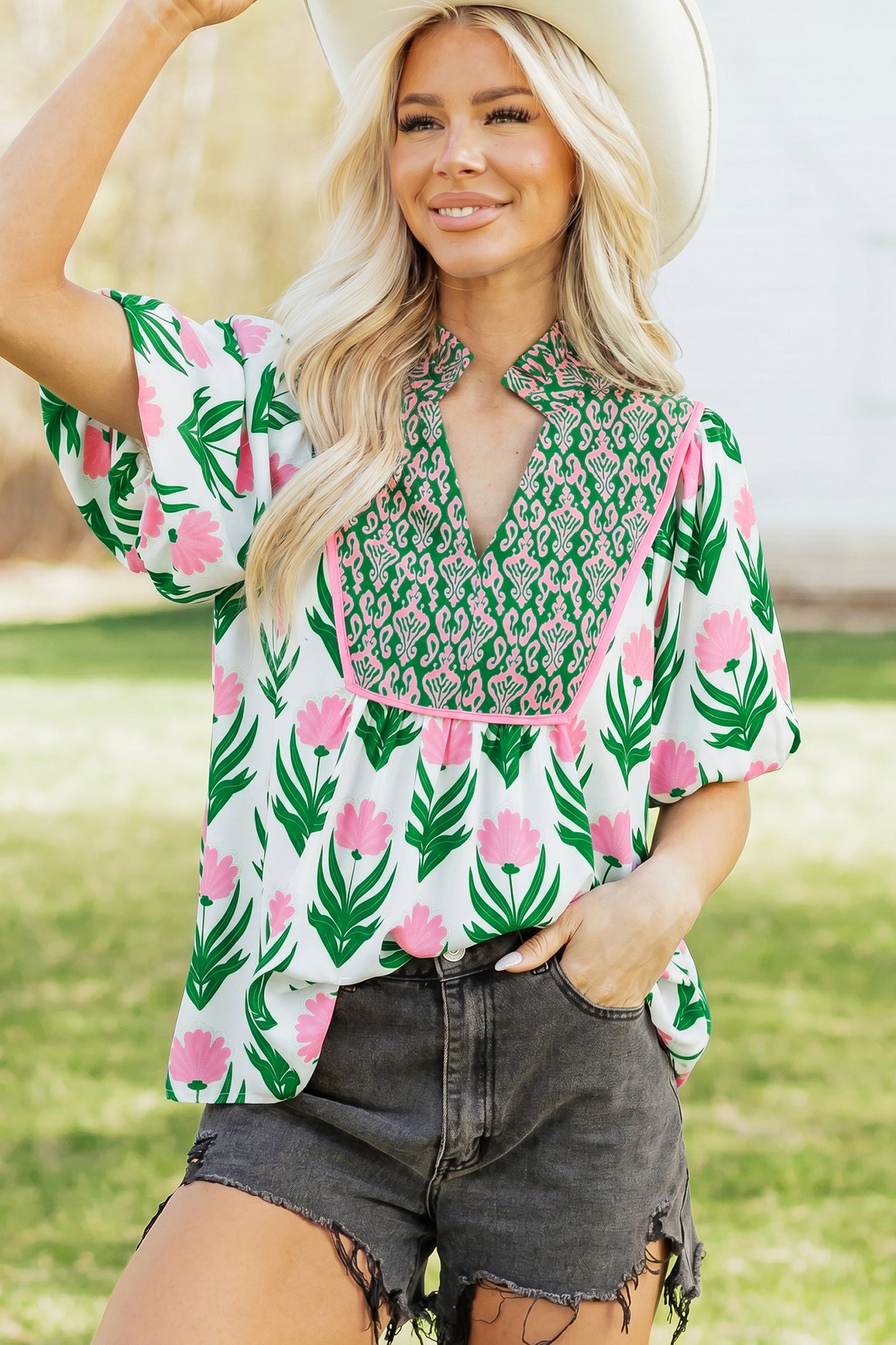 Multicolour Floral Print Puff Sleeve Contrast Bordered V Neck Blouse-Tops/Blouses & Shirts-[Adult]-[Female]-Multicolour-S-2022 Online Blue Zone Planet