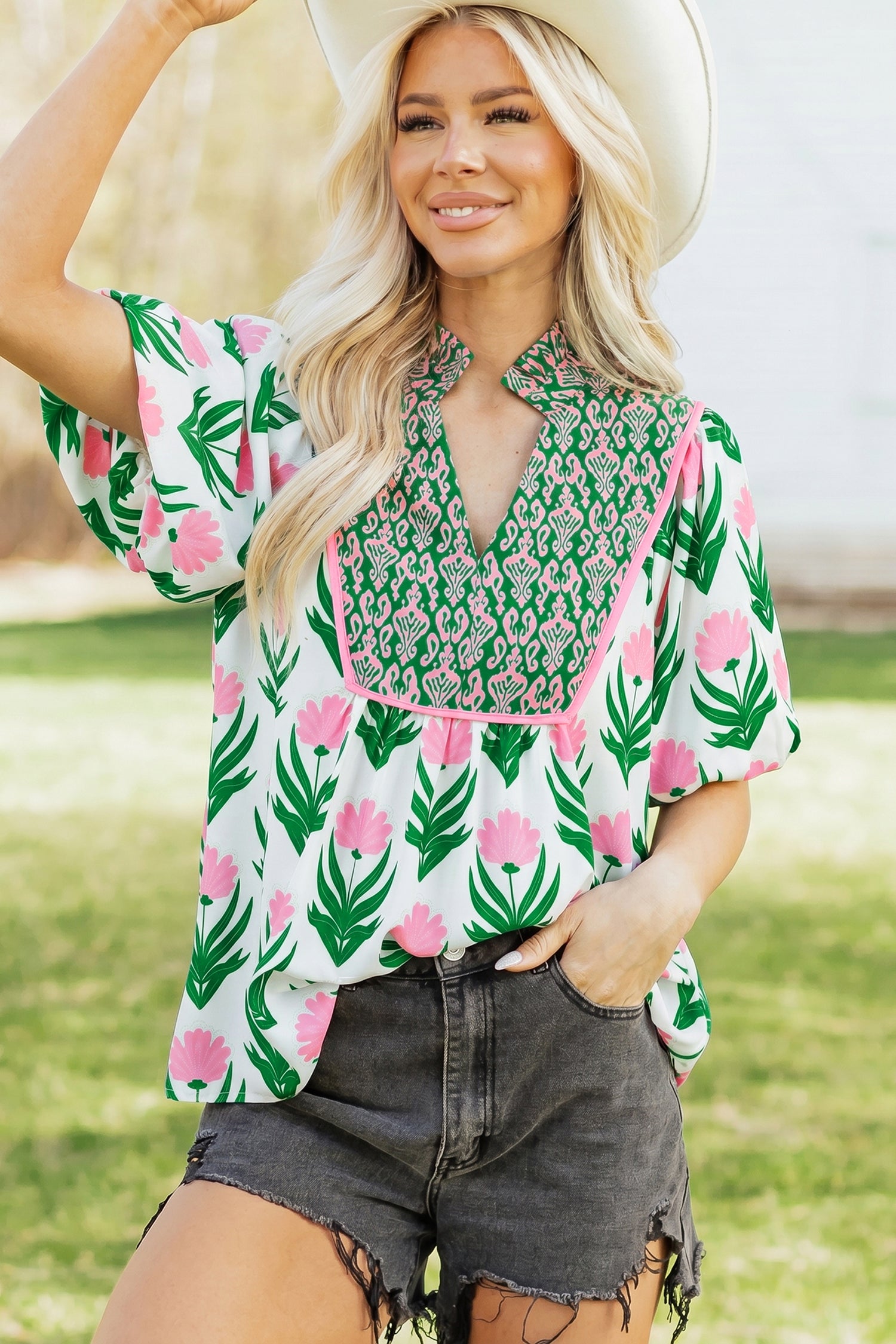 Multicolour Floral Print Puff Sleeve Contrast Bordered V Neck Blouse-Tops/Blouses & Shirts-[Adult]-[Female]-Multicolour-S-2022 Online Blue Zone Planet