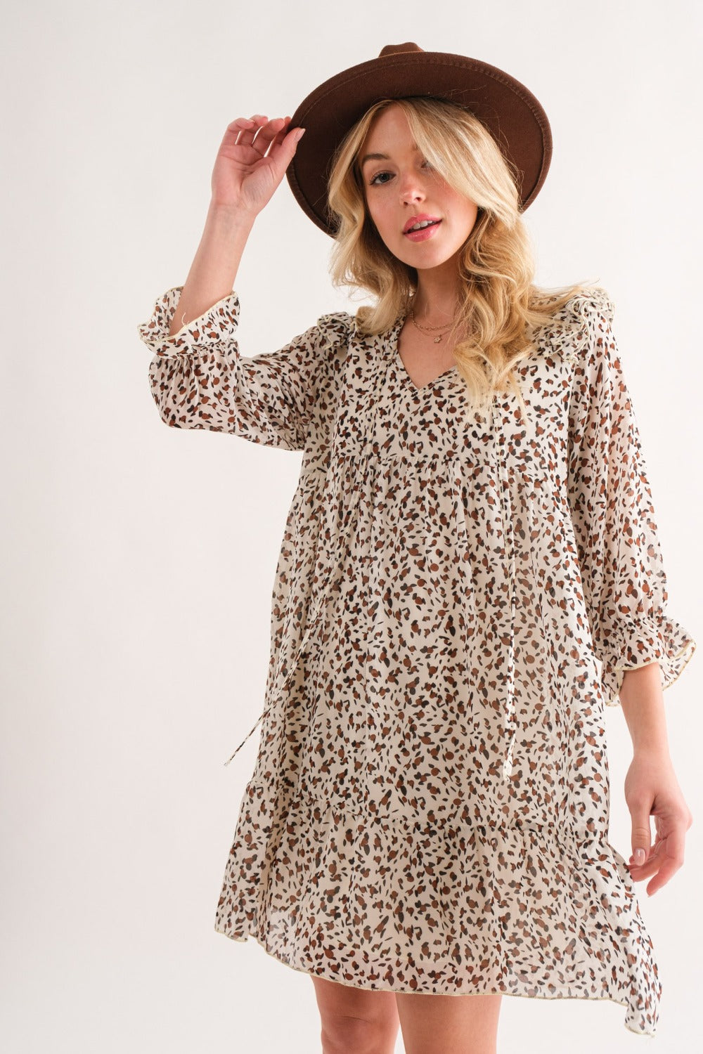 And The Why Leopard Ruffle Hem Woven Mini Dress-TOPS / DRESSES-[Adult]-[Female]-2022 Online Blue Zone Planet