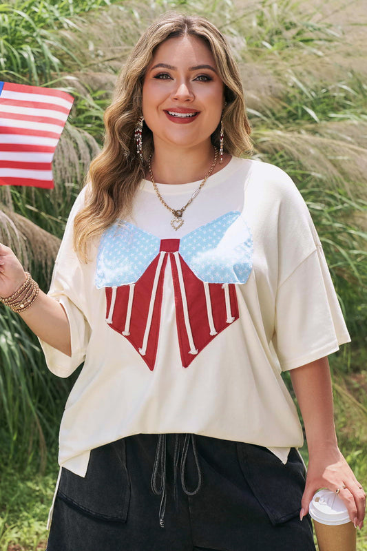 White Distressed Flag Bow Patched Plus Size T Shirt-Plus Size/Plus Size Tops/Plus Size Tops & Tees-[Adult]-[Female]-2022 Online Blue Zone Planet