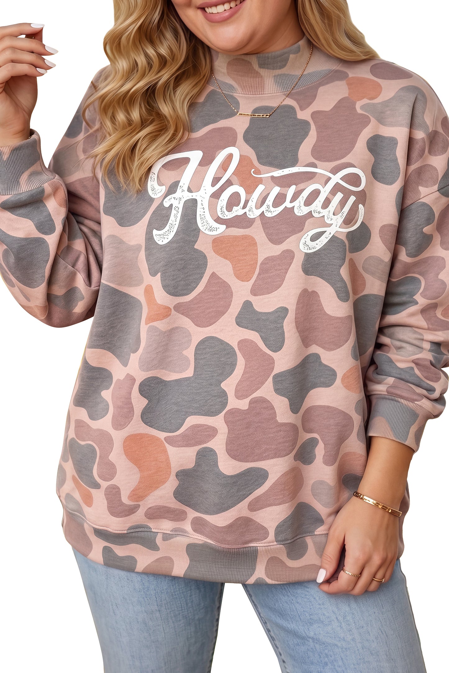 Multicolour Camouflage Western Graphic Plus Size Sweatshirt-Plus Size/Plus Size Sweatshirts & Hoodies-[Adult]-[Female]-2022 Online Blue Zone Planet