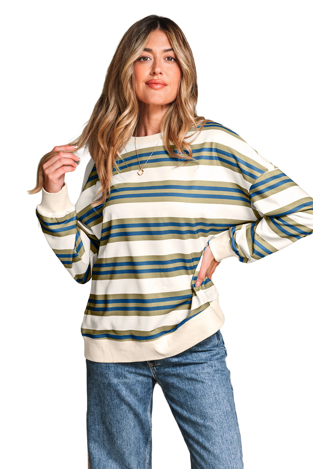 Khaki Stripe Crew Neck Drop Shoulder Pullover Sweatshirt-Tops/Sweatshirts & Hoodies-[Adult]-[Female]-2022 Online Blue Zone Planet