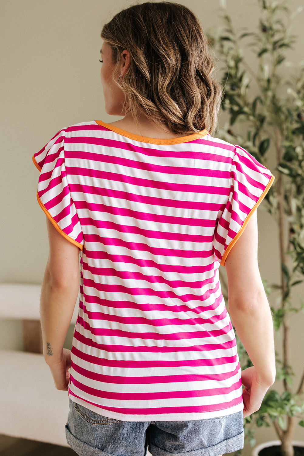 Rose Red Striped Ruffle Sleeve Crew Neck Blouse-Tops/Blouses & Shirts-[Adult]-[Female]-2022 Online Blue Zone Planet