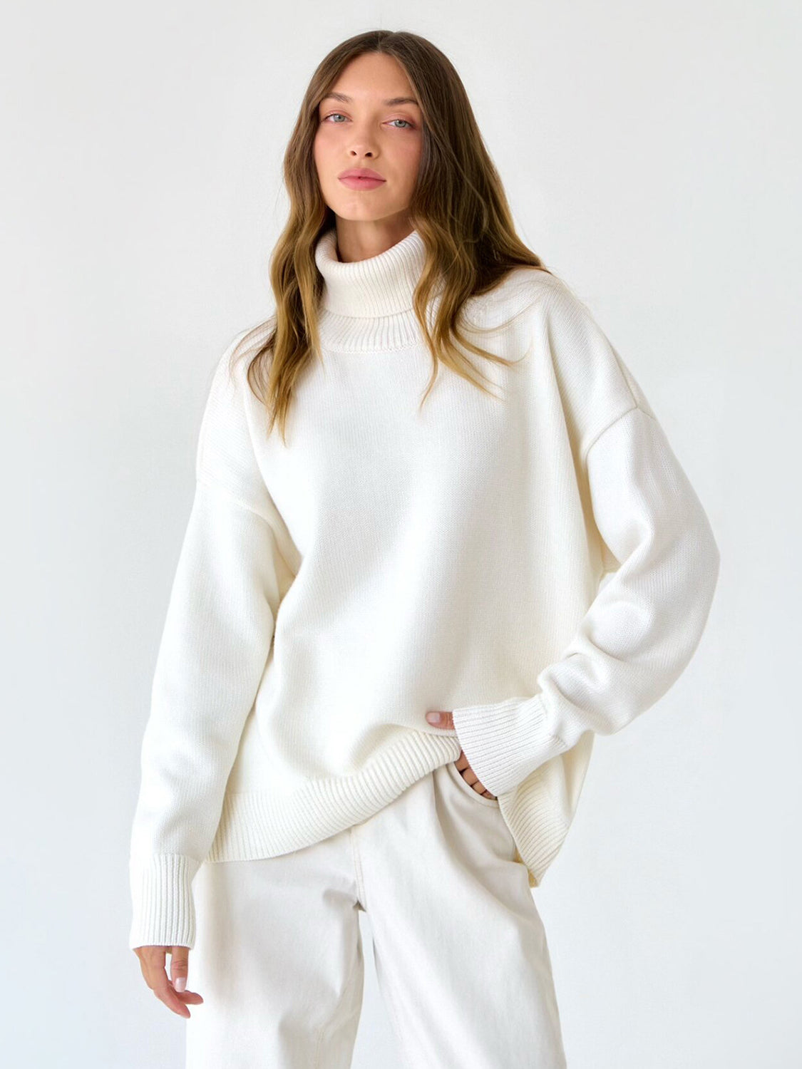 Turtleneck Long Sleeve Sweater-TOPS / DRESSES-[Adult]-[Female]-White-S-2022 Online Blue Zone Planet