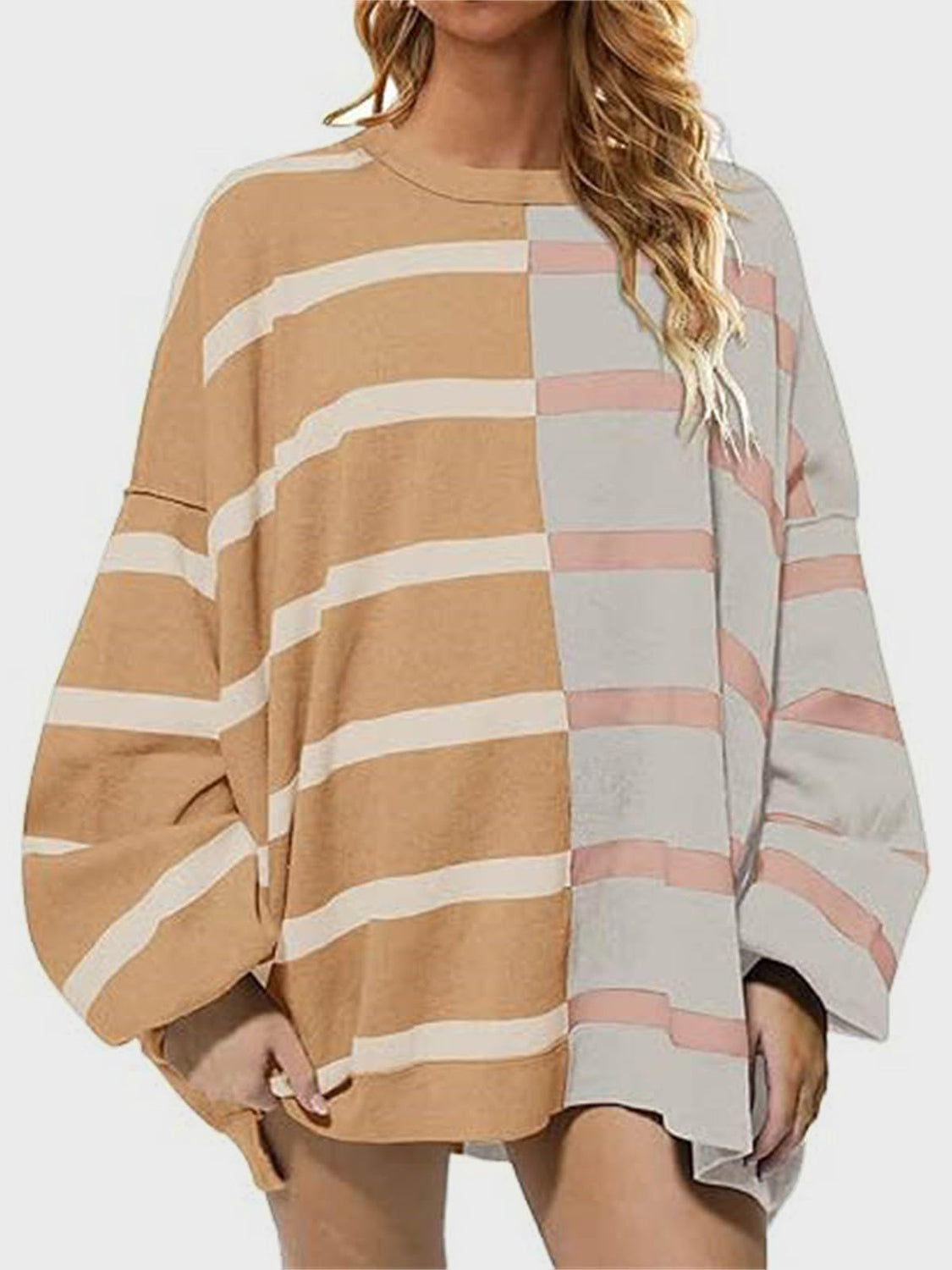 Striped Round Neck Long Sleeve Sweater-TOPS / DRESSES-[Adult]-[Female]-Gray-S-2022 Online Blue Zone Planet