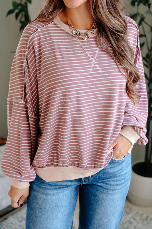 Pink Stripe Exposed Stitching Patchwork Casual Long Sleeve Top-Tops/Long Sleeve Tops-[Adult]-[Female]-Pink Stripe-S-2022 Online Blue Zone Planet